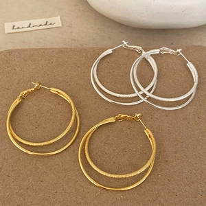 Double Layer Round Hoop Earrings With Copper Earring Post Frosted Smooth Metal Geometric Vintage Statement Jewelry For Women