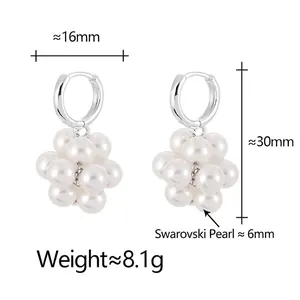 Elegant silver pearl cluster earrings with white grape-shaped drop pendants for women