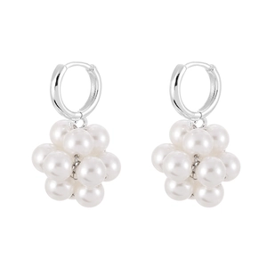 Elegant French style pearl cluster earrings with silver hoops on white background