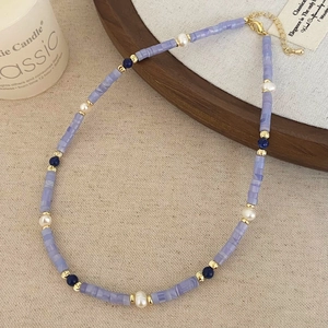 Elegant purple agate and freshwater pearl necklace with adjustable gold chain clasp