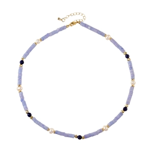 Purple agate and freshwater pearl necklace with gold-plated adjustable chain