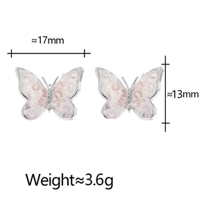 Detailed dimensions of butterfly stud earrings with pink stones and sparkling crystals