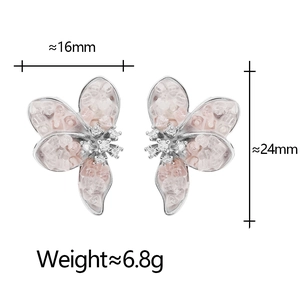 Detail view of pink crystal flower stud earrings with dimensions and weight measurements