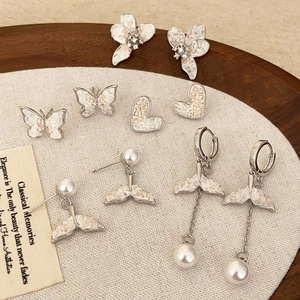 Heart Butterfly Fishtail Earrings With Pink Crystal Imitation Artificial Pearl 925 Sterling Silver Earring Post Elegant Women Jewelry