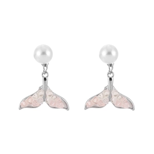 Elegant fishtail drop earrings with white pearls and pink crystal inlay for women