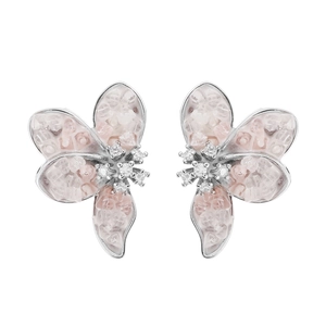 Detail of pink crystal butterfly stud earrings with sparkling zircon centers in silver setting