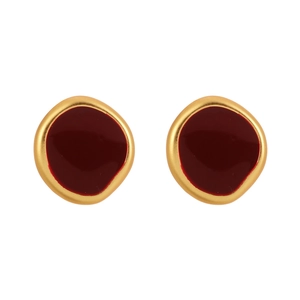 Minimalist deep red enamel round stud earrings with vintage gold metal edges in organic shape