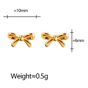 Polished gold bow stud earrings for women, dimensions 10mm width and 6mm height