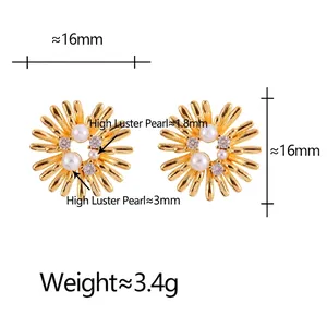 Elegant gold daisy stud earrings with white pearls and sparkling cubic zirconia stones