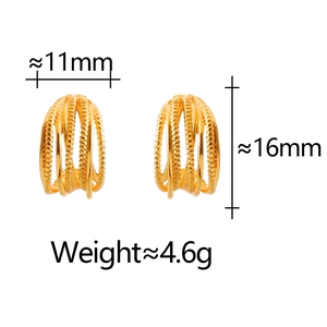 Macro shot of gold layered C-shape hoop earrings with textured finish and dimensions