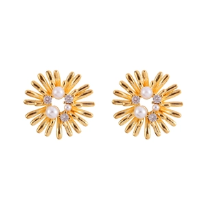 Elegant gold flower pearl earrings with sparkling rhinestones in firework design