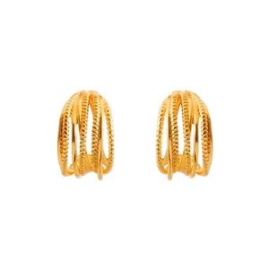 Macro shot of gold C-shaped earrings with textured multi-layer metal wire wrap details