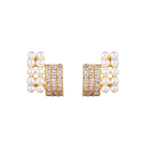 Elegant gold hoop earrings with alternating rows of white pearls and sparkling zircons