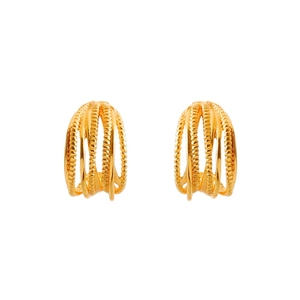 Elegant gold layered C-shape stud earrings with textured multi-strand twisted metal design