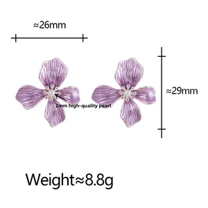 Detailed size view of elegant purple flower earrings featuring 2mm bright pearls