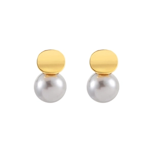 Elegant gold metal disc and silver-grey pearl drop earrings for stylish daily wear