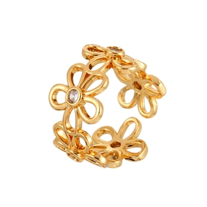 Minimalist gold hollow daisy ring with sparkling zircons and adjustable open band