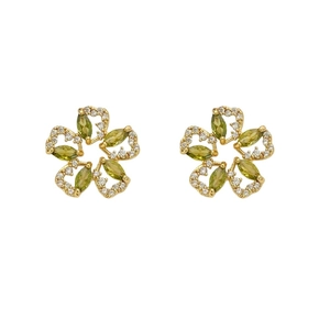 Elegant gold five-petal flower earrings with green zircon stones and white crystal halo