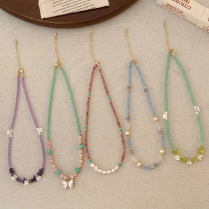 Beaded Necklace Natural Stone Crystal Freshwater Pearl Shell Butterfly Pendant Choker For Women Sweet Daily Jewelry