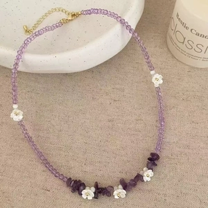 Purple crystal beaded necklace with white shell flowers and adjustable gold chain