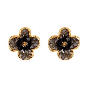 Elegant four-petal flower studs with black faceted stones and gold metal edges
