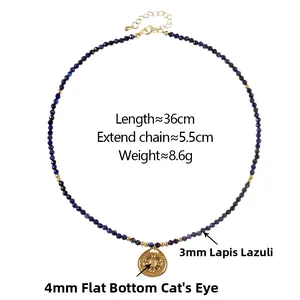Detail der 3mm Lapislazuli-Perlenkette mit einem 4mm Katzenauge-Stein Goldanhänger