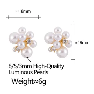 Elegant flower cluster pearl stud earrings with zircon and gold-plated base for women
