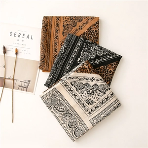 Three-piece paisley and leopard print cotton scarves in coffee, black, and beige