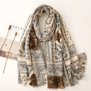 Paisley Leopard Print Scarf Shawl Cotton Linen Feel Long Large Wrap With Frayed Edges For Women