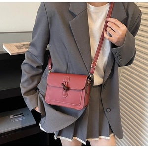 Macro shot of minimalist crossbody bag with contrast stitching and horn buckle closure