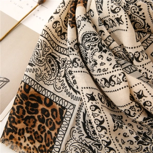 Detail of soft pashmina shawl featuring black paisley and brown leopard print textures