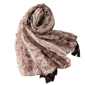 Lightweight long scarf with python snake print and dark brown tassel trim for women