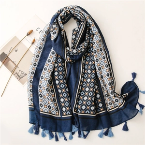 Blue linen scarf with geometric diamond prints and tassels for women's sun protection
