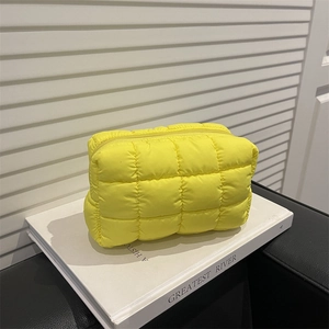 Women Quilted Puffer Cosmetic Bag Solid Color Urban Minimalist Zipper Wash Toiletry Bag Square Clutch Handbag Travel Storage