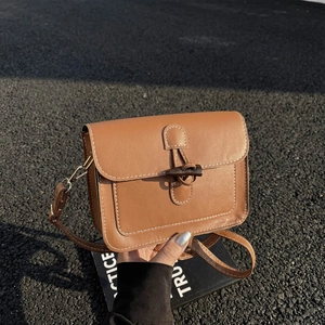 Minimalist brown crossbody bag with wooden toggle closure and contrast stitching on asphalt