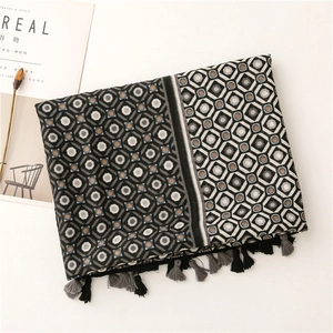 Close-up of geometric diamond pattern scarf with fringe on minimalist background