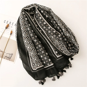 Close-up of geometric honeycomb pattern and fringe on black and white linen scarf