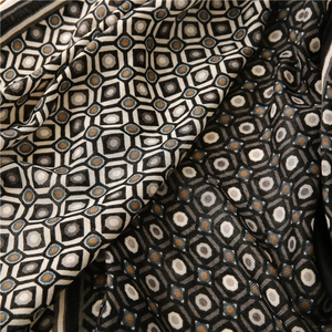 Macro detail of geometric print scarf with soft textures and elegant draped folds