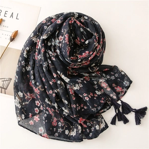 Dark blue floral cotton linen scarf for women with small flower prints and fringe tassels