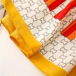 Close-up of interlocking monogram pattern on linen-silk scarf with yellow border