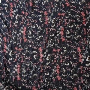 Detailed close-up of navy blue floral fabric with soft texture and vintage print