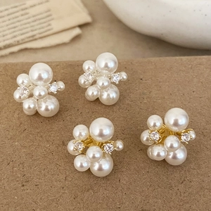 Elegant Artificial Pearl Cluster Stud Earrings With Zircon And 925 Sterling Silver Earring Post For Women Vintage Fashion Jewelry