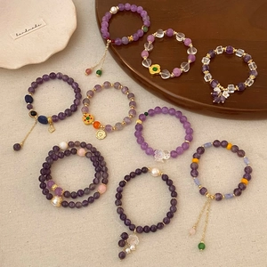 Bracelet Perles Améthyste Femmes Style Chinois Rétro Avec Perles Eau Douce Fleur Coquille Gland Alliage Doré