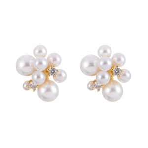 Elegant pearl cluster stud earrings with zircon accents and gold base for women