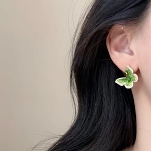 Elegant green crystal butterfly stud earrings with sparkling white zircon stones for women