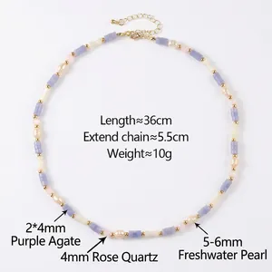 Purple agate and pink quartz beaded necklace with freshwater pearls and gold beads