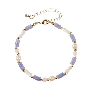 Detail of beaded necklace with purple agate, pink crystal, and freshwater pearls