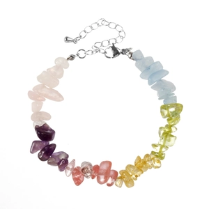 Close-up of colorful natural stone bracelet with silver lobster clasp and extension chain