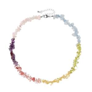 Rainbow necklace with irregular natural stones and adjustable silver lobster clasp
