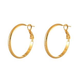 Minimalist gold hoop earrings featuring a textured sandblasted finish on white background